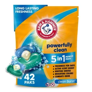 ARM & HAMMER Clean Burst 5-in-1 Laundry Detergent Power Paks, Powerfully Clean, Clean Burst Scent, 42 Count